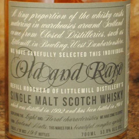 Littlemill distillery Old and Rare whisky étiquette