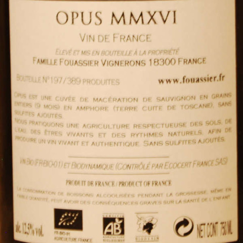 Sancerre Opus Domaine Fouassier étiquette